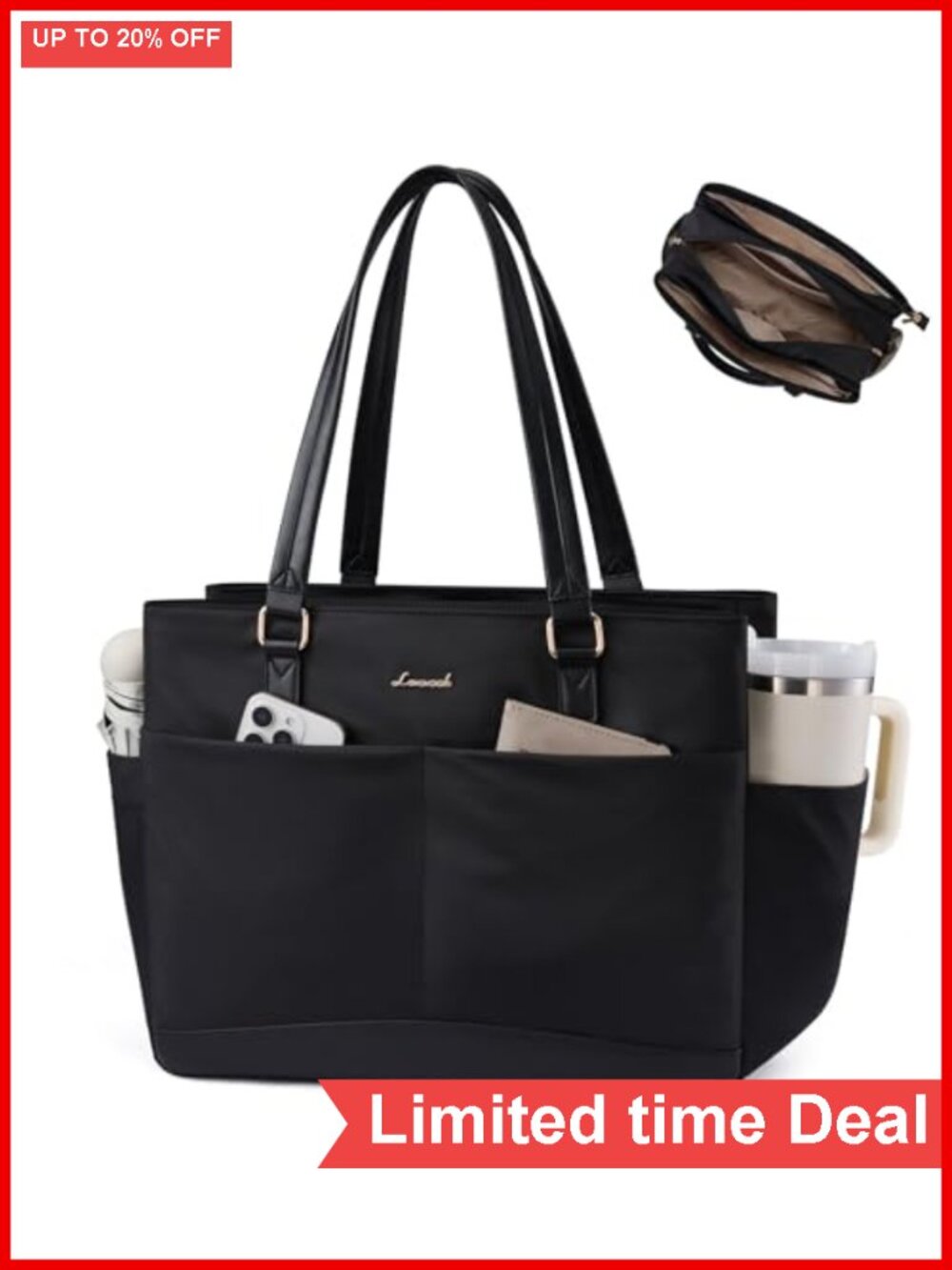 Laptop Tote Bag for Women with Cup Holder, 15.6 inch, 3 Compartments,
